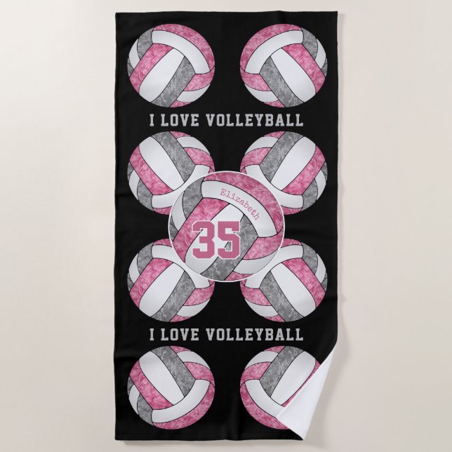pink gray white girls love volleyball personalized beach towel (Front)