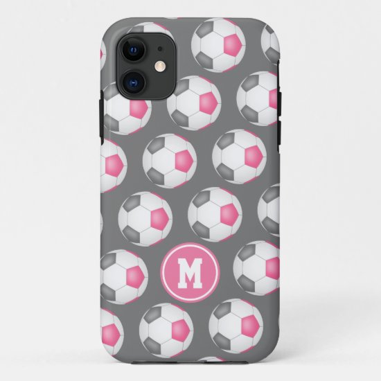 pink gray white girly sports soccer balls pattern iPhone 11 case