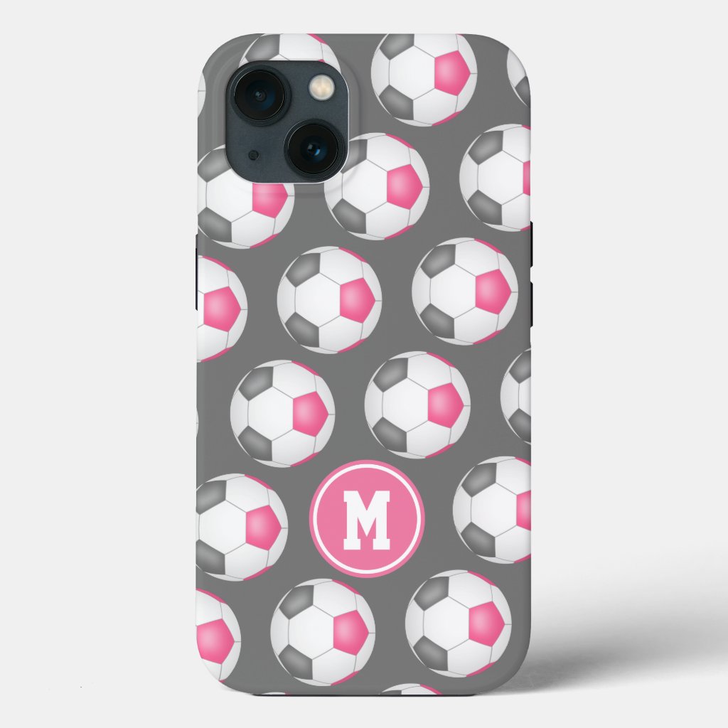 Girly sports pink gray soccer balls pattern iPhone 12 case