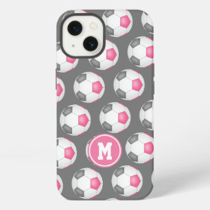 pink gray white girly sports soccer balls pattern iPhone 13 case
