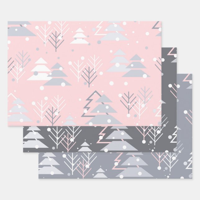 PINK GRAY WHITE HOLIDAY CHRISTMAS TREES WRAPPING PAPER SHEETS (Set)