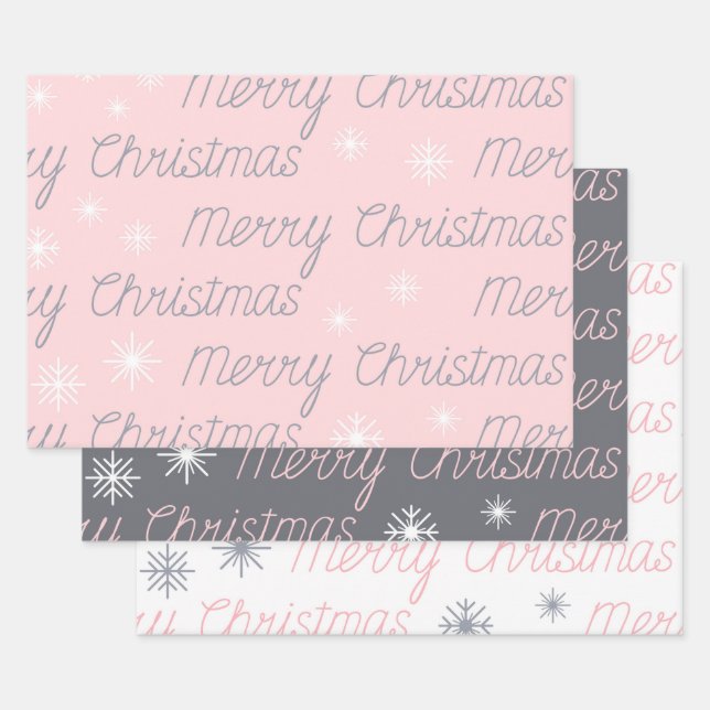 PINK GRAY WHITE HOLIDAY MERRY CHRISTMAS  WRAPPING PAPER SHEETS (Set)