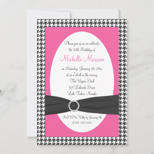 Pink, Gray, White Houndstooth 30th Birthday Invite (Front)
