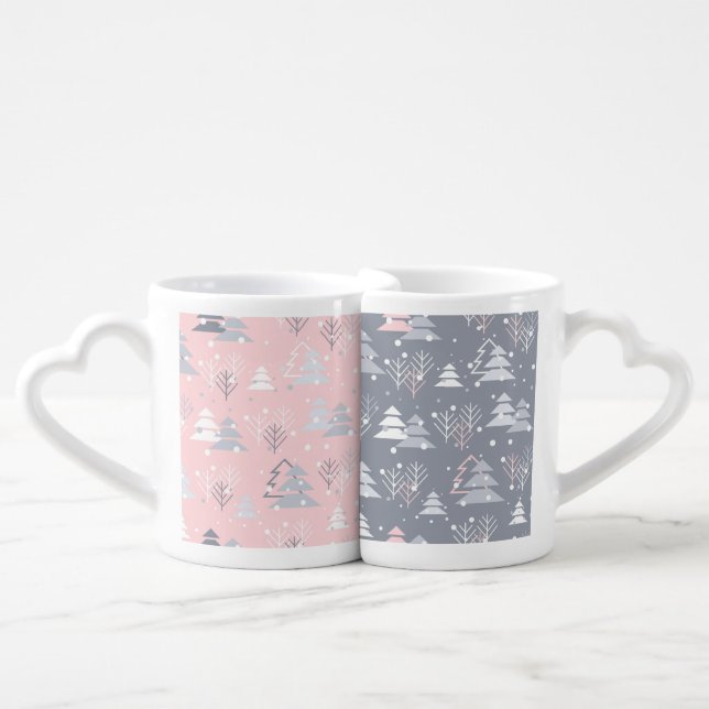 PINK GRAY WHITE MODERN CHRISTMAS TREES COFFEE MUG SET (Front Nesting)