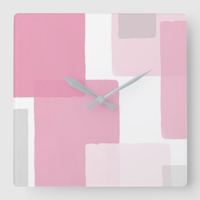 Pink Gray White Modern Minimalist Square Wall Clock (Front)