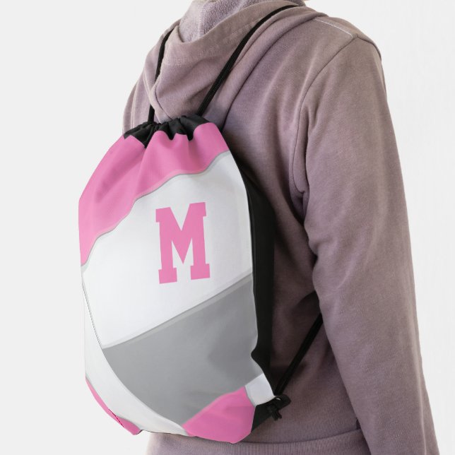 pink gray white monogrammed girl's volleyball drawstring bag (Insitu)