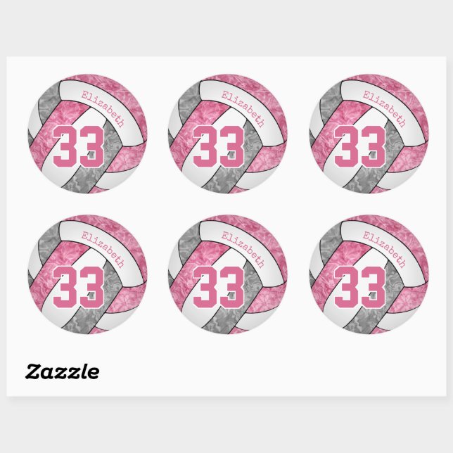 pink gray white personalized girls volleyball classic round sticker (Sheet)