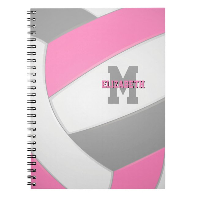pink gray white personalized girly volleyball notebook (Front)