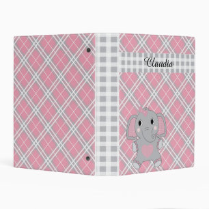 PINK GRAY WHITE PLAID PATTERN WITH ELEPHANT MINI BINDER