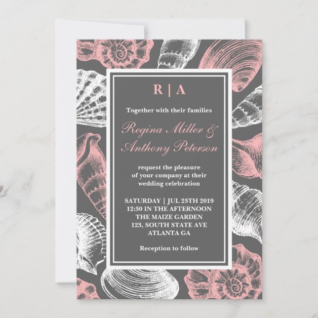 Pink Gray White Seashells Beach Wedding Invitation (Front)