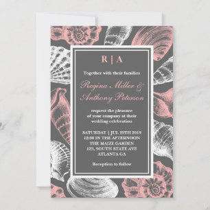 Pink Gray White Seashells Beach Wedding Invitation