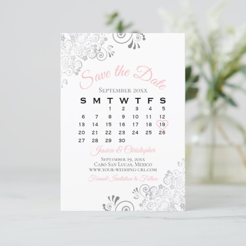 Pink Gray  White Simple Elegant Wedding Calendar Save The Date