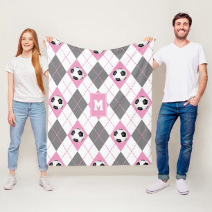 pink gray white soccer argyle pattern fleece blanket