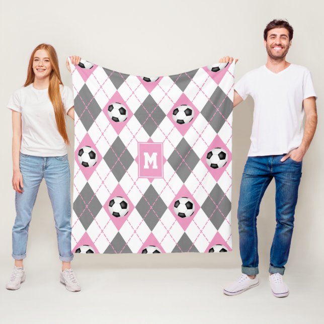 pink gray white soccer argyle pattern fleece blanket (In Situ)