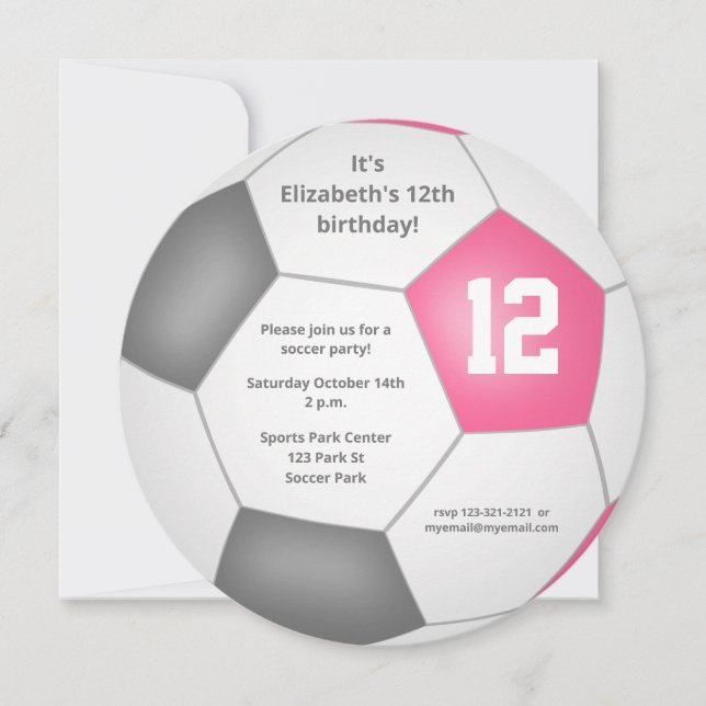 pink gray white soccer themed birthday party announcement (Front)