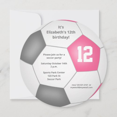 pink gray white soccer themed birthday party announcement