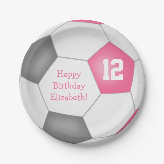 pink gray white soccer themed birthday party paper plates (Front)