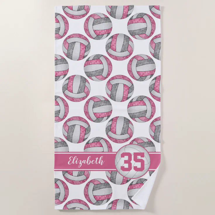 pink gray white sporty girls custom volleyball beach towel Zazzle