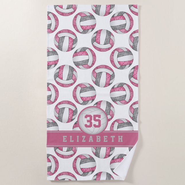 pink gray white sporty girls custom volleyball beach towel (Front)