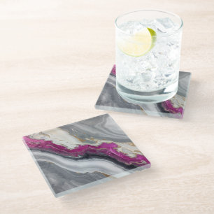 Pink, Gray White Stone Marble Printed Glass Coaster