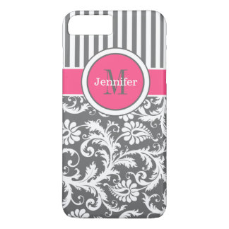 Pink, Gray, White Striped, Damask iPhone 7 Case