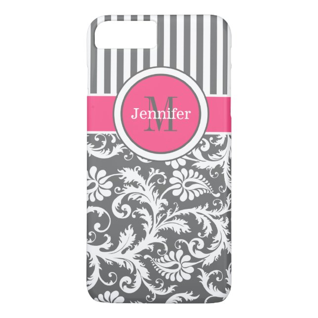 Pink, Gray, White Striped, Damask iPhone 7 Case (Back)