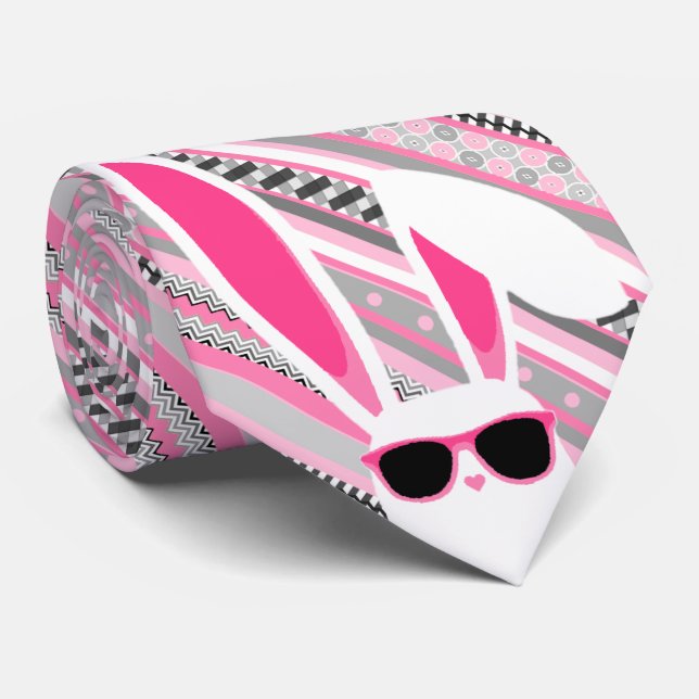Pink, Gray & White Stripes with White Easter Bunny Neck Tie (Rolled)