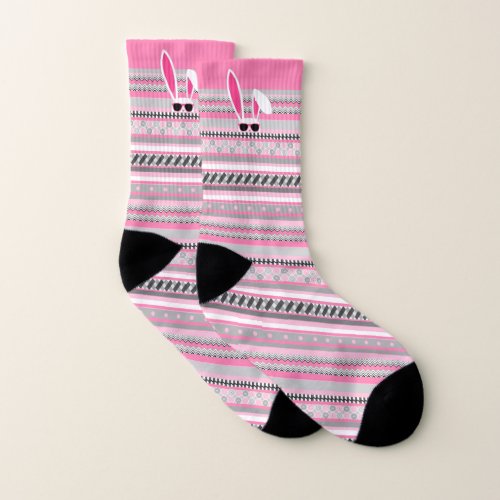 Pink Gray  White Stripes with White Easter Bunny Socks