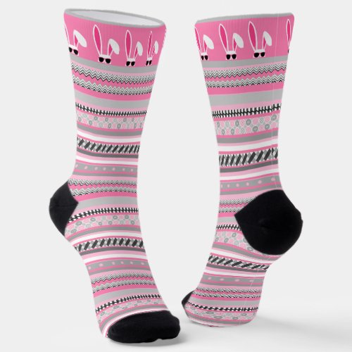 Pink Gray  White Stripes with White Easter Bunny Socks