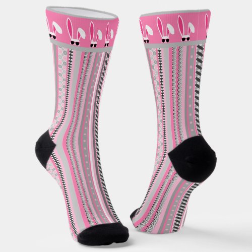 Pink Gray  White Stripes with White Easter Bunny Socks