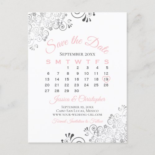 Pink Gray  White Wedding Save the Date Calendar Announcement Postcard