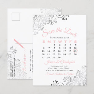 Pink, Gray & White Wedding Save the Date Calendar Announcement Postcard
