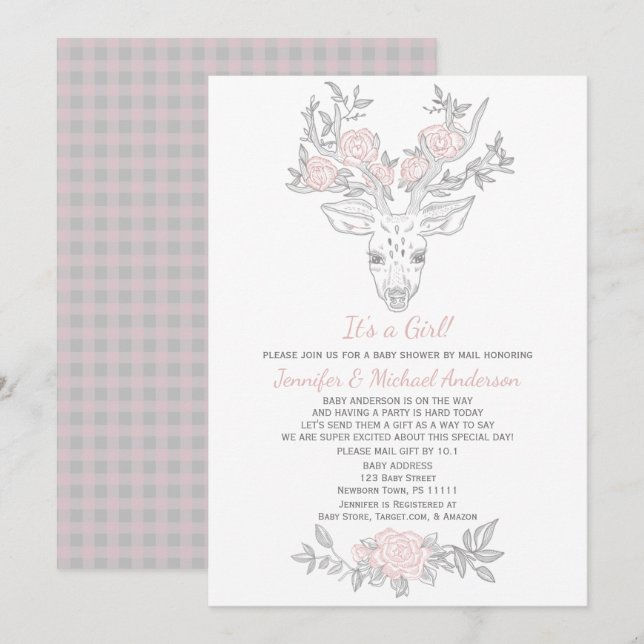Pink Gray Woodland Girl Deer Baby Shower By Mail Invitation (Front/Back)