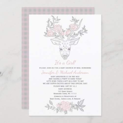 Pink Gray Woodland Girl Deer Baby Shower By Mail Invitation