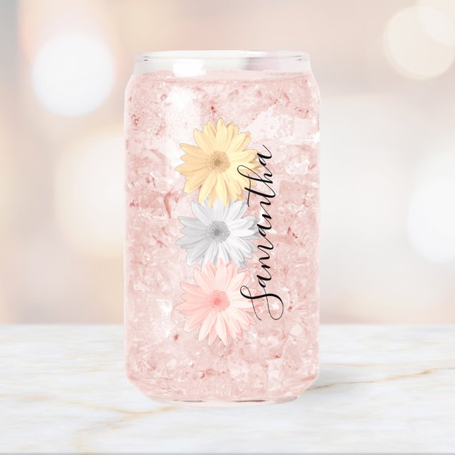 Pink Gray Yellow Daisy Flowers Name Can Glass (Creator Uploaded)