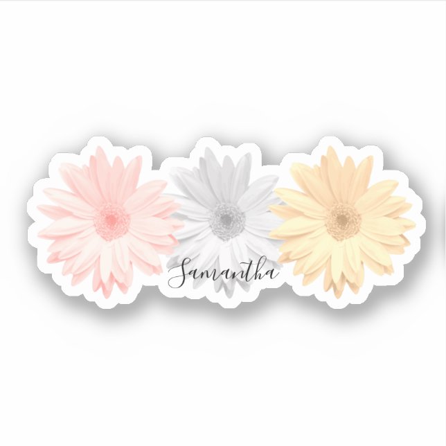 Pink Gray Yellow Daisy Flowers Name Sticker (Front)