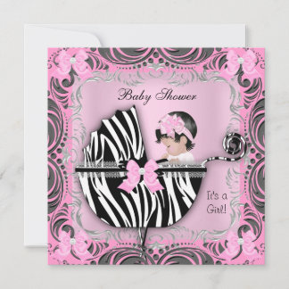 Pink Gray Zebra Baby Shower Cute Baby Girl Invitation
