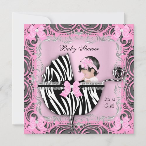 Pink Gray Zebra Baby Shower Cute Baby Girl Invitation