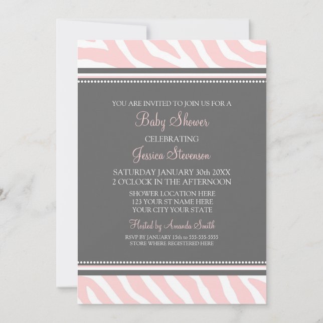 Pink Gray Zebra Custom Baby Shower Invitations (Back)