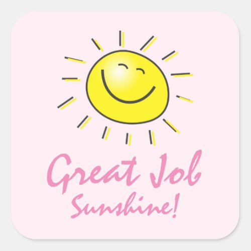 Pink Great Job Sunshine Smile Face Kids Reward Square Sticker