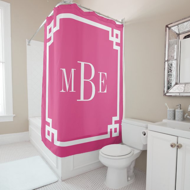 Pink Greek Key Border Monogram Shower Curtain (In Situ)