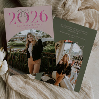Pink Green 2026 Coquette Bow Photo Graduation Announcement