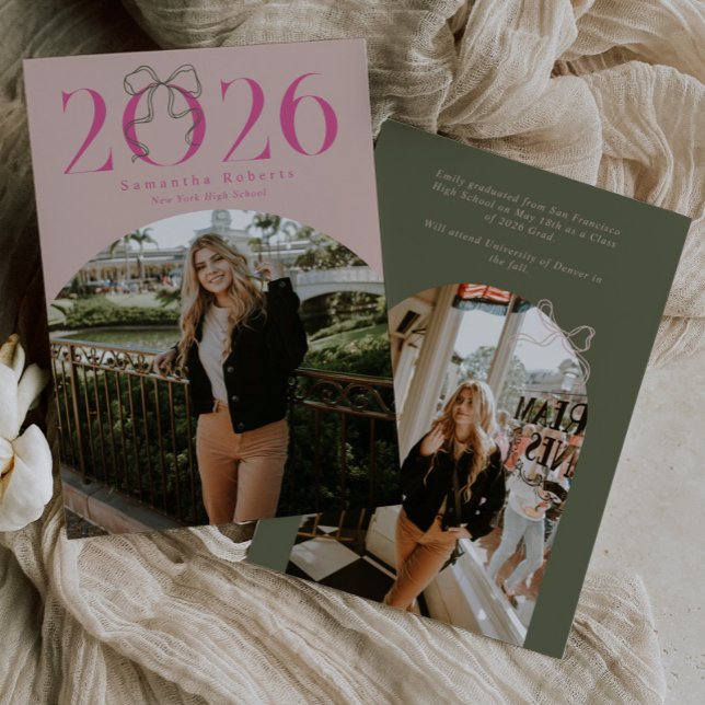 Pink Green 2026 Coquette Bow Photo Graduation Announcement (Creator Uploaded)