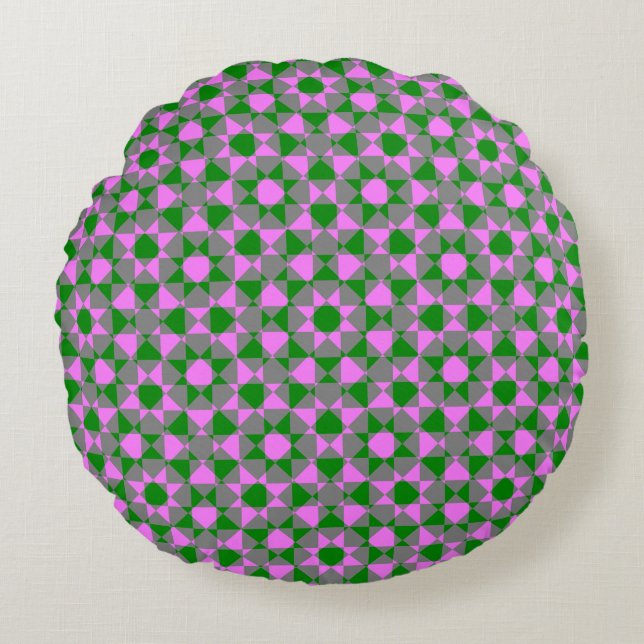 Pink Green Abstract Checker Square Pattern Round Pillow (Front)