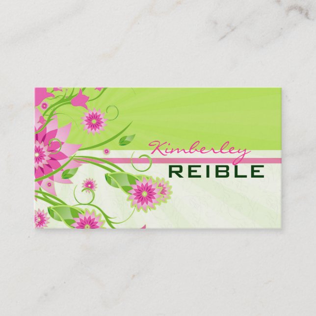 Pink & Green Abstract Floral Design 3 Business Card (Front)