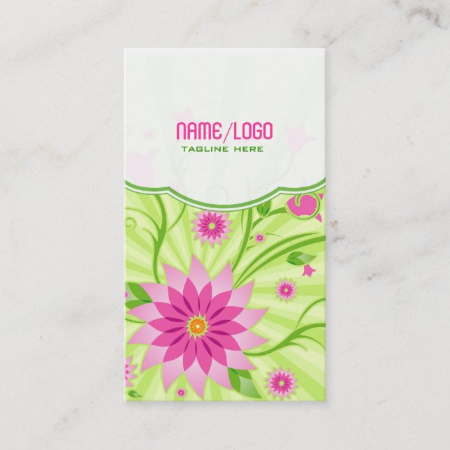 Pink & Green Abstract Floral Design Business Card (Front)