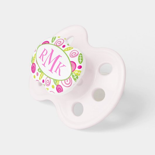 Pink & Green Abstract Flowers Monogram Pacifier (Front Right)