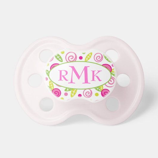 Pink & Green Abstract Flowers Monogram Pacifier (Front)
