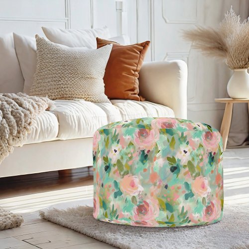 Pink Green Abstract Painting Floral Pattern Pouf