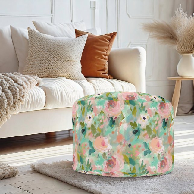 Pink Green Abstract Painting Floral Pattern Pouf (Creator Uploaded)